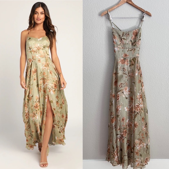 Lulus Dresses & Skirts - Mood of the night sage green floral maxi dress M